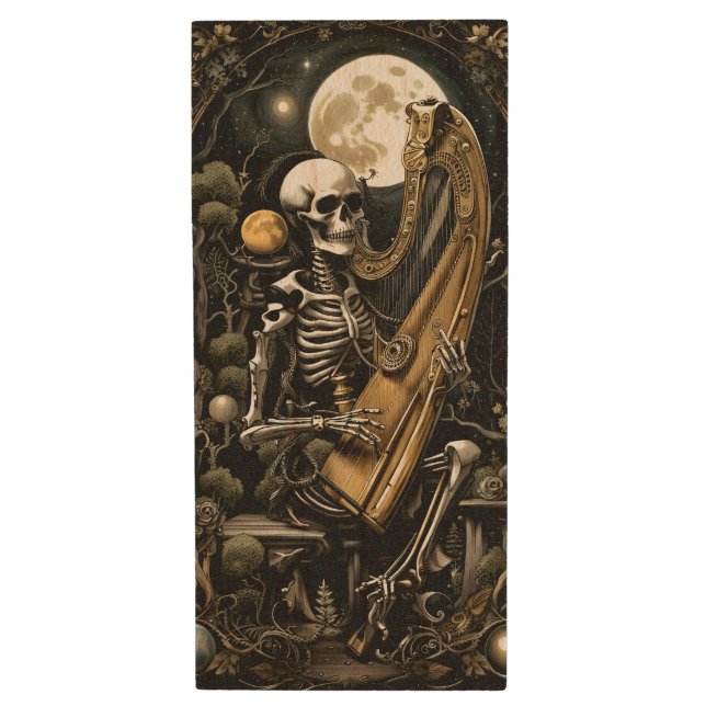 Skeleton and Harp Wood Flash Drive (Front Vertical)