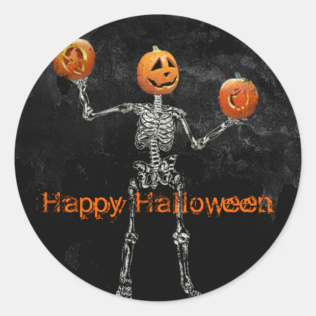 Skeleton and Jack O' Lanterns Classic Round Sticker | Zazzle