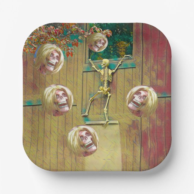 Skeleton and  Mocking Heads Halloween Paper Plates (Front)