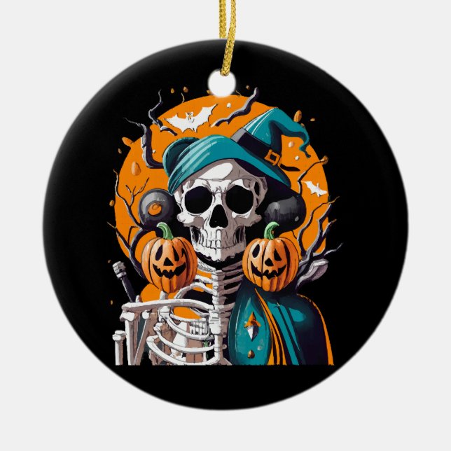 Skeleton and pumpkin ceramic ornament (Front)