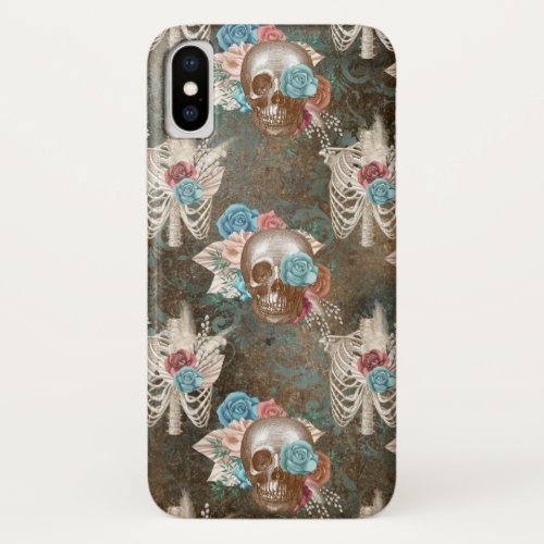 Skeleton and Skull with Roses iPhone XS Case