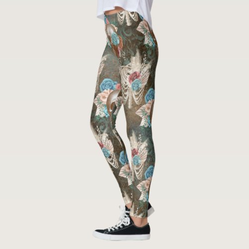 Skeleton and Skull with Roses Leggings