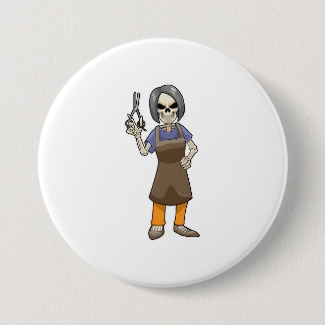Skeleton as Hairdresser with Scissors Button (Front)