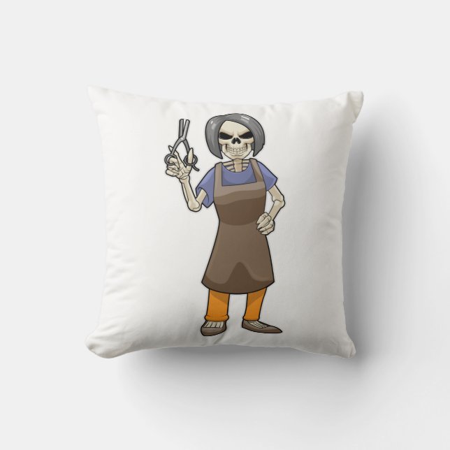 Skeleton as Hairdresser with Scissors Throw Pillow (Front)