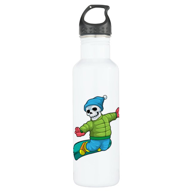 Skeleton as Snowboarder with Snowboard Stainless Steel Water Bottle (Front)