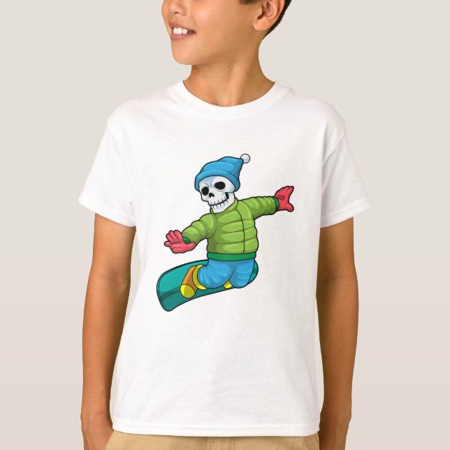 Skeleton as Snowboarder with Snowboard T-Shirt (Front)