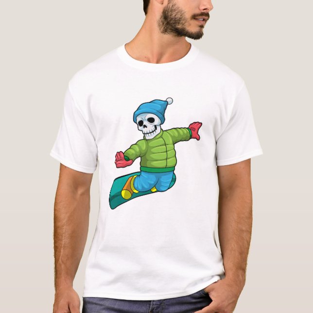 Skeleton as Snowboarder with Snowboard T-Shirt (Front)