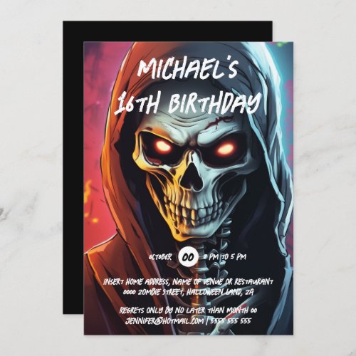 Skeleton assassin halloween theme birthday party invitation