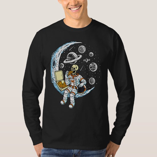 Skeleton Astronaut Eating Pizza on the Moon T-Shirt (Front)