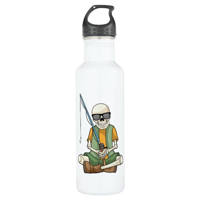 Skeleton at Fishing with Fishing rod Stainless Steel Water Bottle (Front)