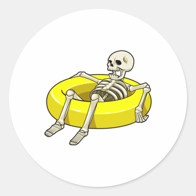 Skeleton at Swimming with Swim ring Classic Round Sticker (Front)