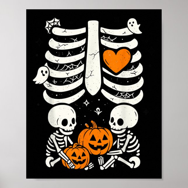 Skeleton Baby Twins Halloween Pregnancy Announceme Poster (Front)