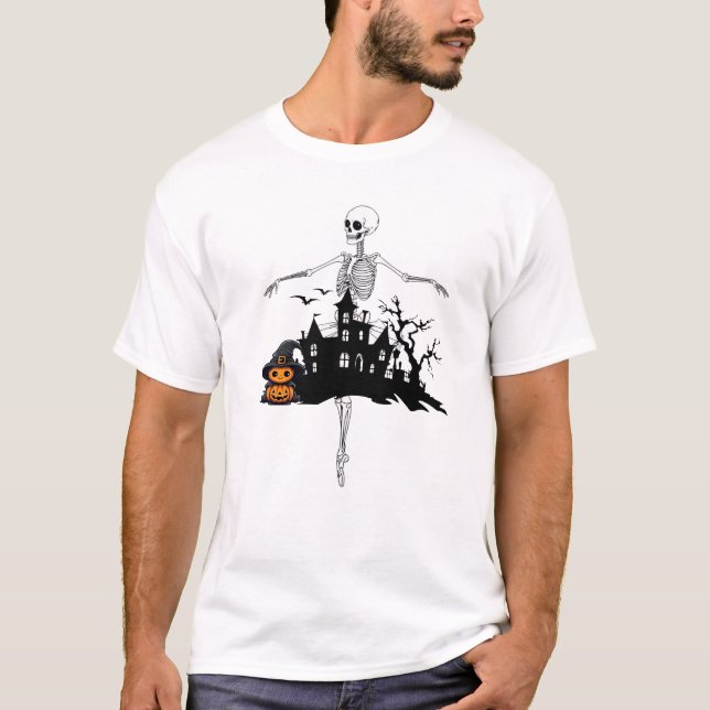 Skeleton Ballerina with Haunted House Halloween T-Shirt (Front)