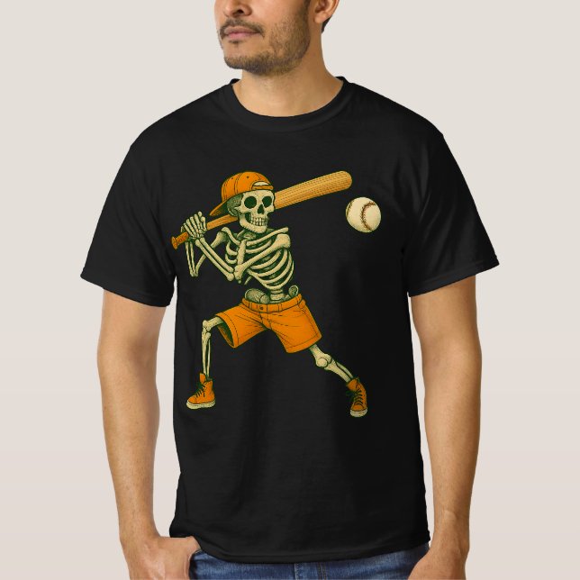 Skeleton Batting Baseball Halloween Mens Womens Ki T-Shirt (Front)