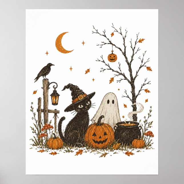 Skeleton Beekeeper Halloween Black Cat Bees Poster (Front)