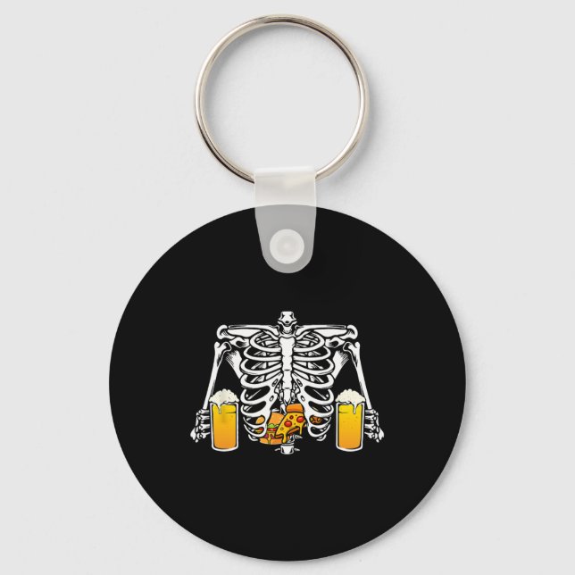 Skeleton Beer Lover Hamburger Pizza Xray Halloween Keychain (Front)