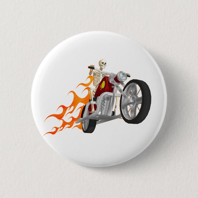 Skeleton Biker & Flames: Pinback Button (Front)