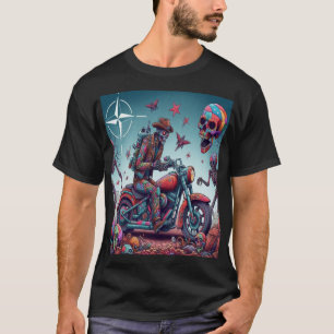 Skeleton Biker in Surreal Psychedelic World T-Shirt