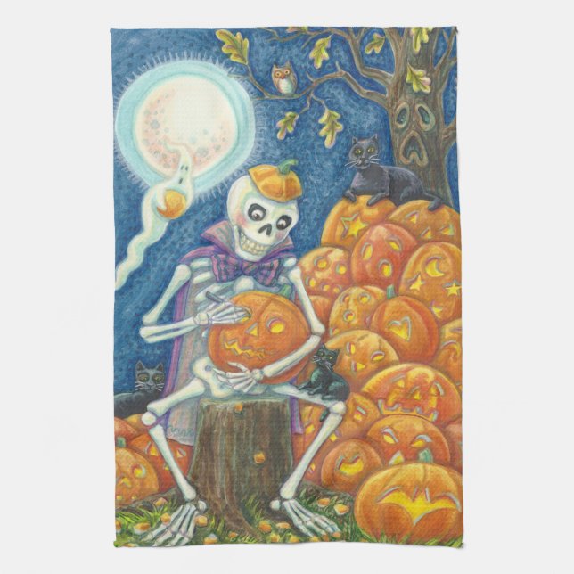 SKELETON, BLACK CATS CARVING JACKS KITCHEN TOWEL (Vertical)