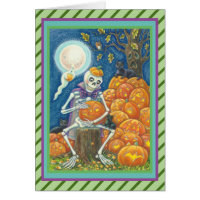 SKELETON, BLACK CATS CARVING PUMPKIN GREETING CARD