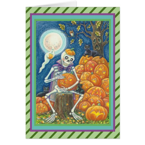 SKELETON BLACK CATS CARVING PUMPKIN GREETING CARD