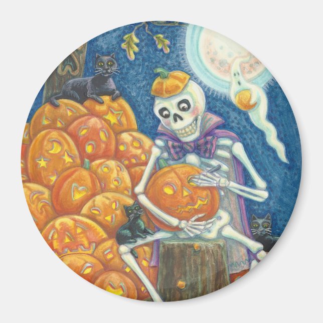 SKELETON, BLACK CATS CARVING PUMPKINS MAGNET Round (Front)