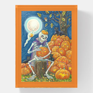 SKELETON, BLACK CATS CARVING PUMPKINS PAPERWEIGHT