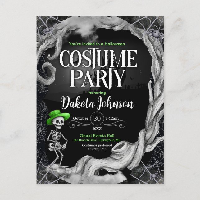 Skeleton Black Halloween Costume Party Invitation  (Front)