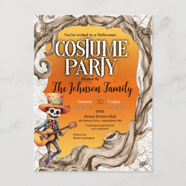 Skeleton Black Halloween Costume Party Invitation  Postcard (Front)