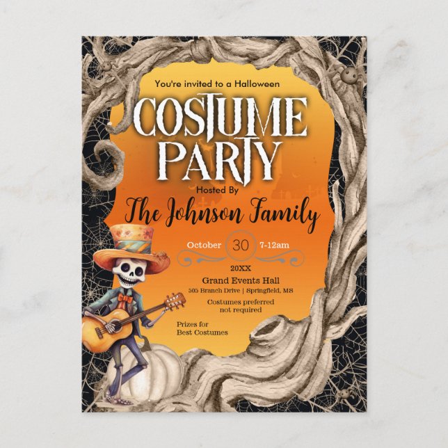 Skeleton Black Halloween Costume Party Invitation  Postcard (Front)