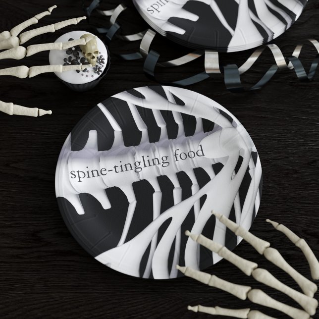 Skeleton Bones Spine Black White Halloween Party Paper Plates (Creator Uploaded)