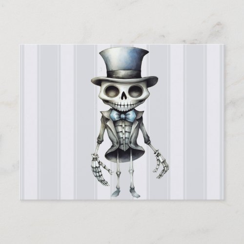 Skeleton Bow Tie Top Hat Gray Stripes Halloween Holiday Postcard