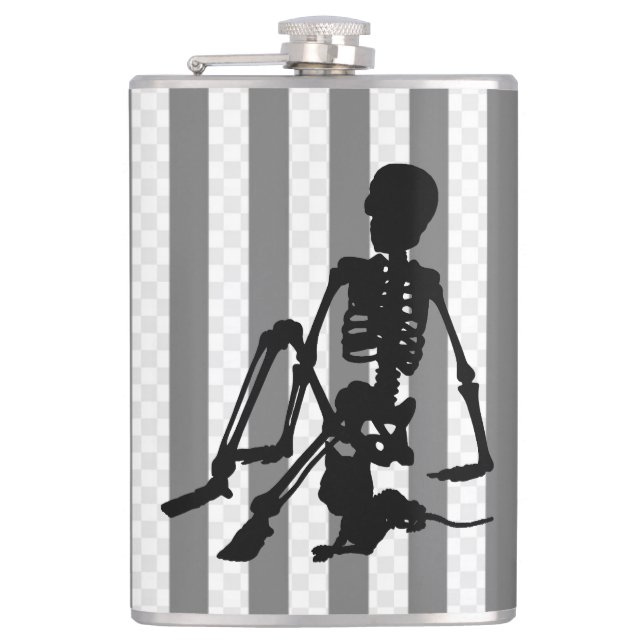 skeleton Boy and his pet cat silhouette art Flask (Front)