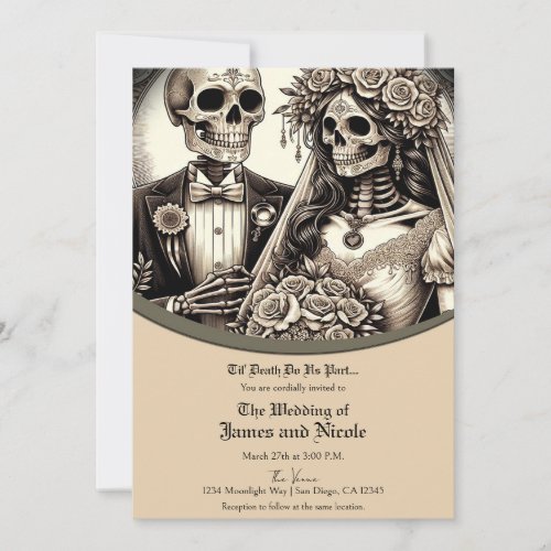 Skeleton Bride and Groom Beige Tan Wedding Invitation
