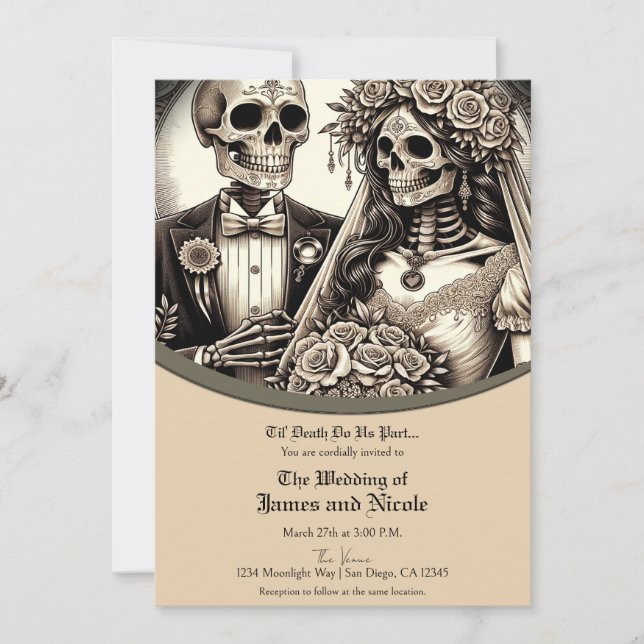 Skeleton Bride and Groom Beige Tan Wedding Invitation (Front)