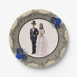 Skeleton Bride and Groom Black Lace Blue Roses Paper Plates