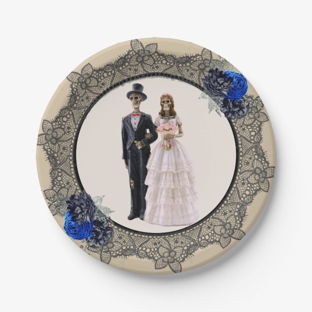 Skeleton Bride and Groom Black Lace Blue Roses Paper Plates (Front)