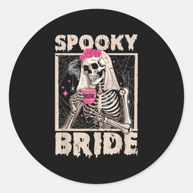 Skeleton Bride Drinking Coffee Wedding Halloween C Classic Round Sticker (Front)