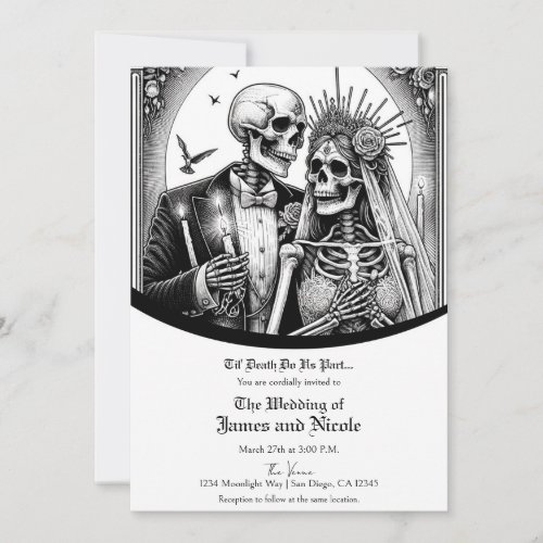 Skeleton Bride  Groom Black White Vintage Wedding Invitation