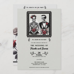 Skeleton Bride & Groom Couple Grey Floral Wedding Invitation