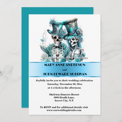 Skeleton bride groom formal blue white wedding invitation