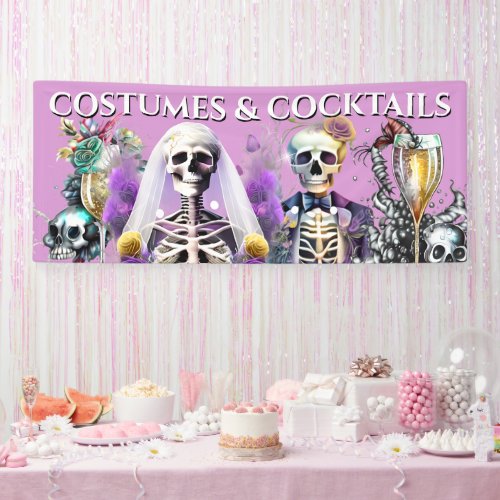 Skeleton bride groom goth purple wedding cocktail banner