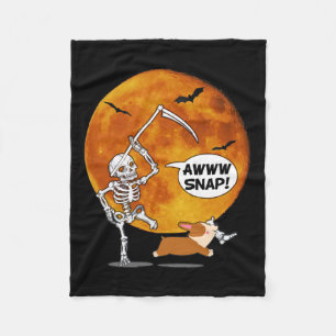 Skeleton Broken Leg Halloween Corgi Reaper Scythe  Fleece Blanket