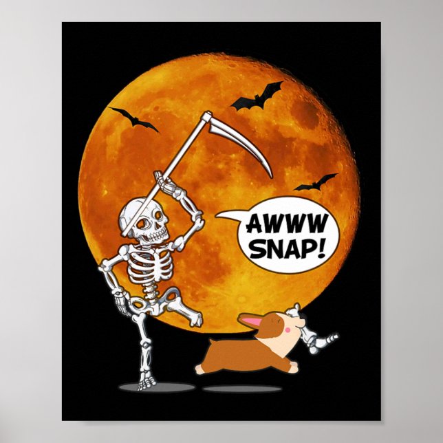Skeleton Broken Leg Halloween Corgi Reaper Scythe  Poster (Front)