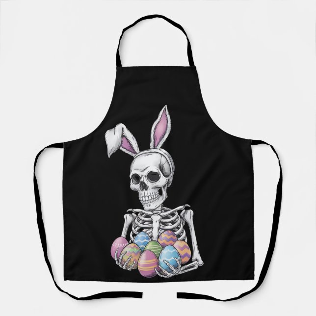 Skeleton Bunny Holding Easter Eggs Funny Rabbit Apron (Front)