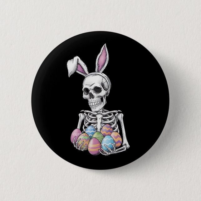 Skeleton Bunny Holding Easter Eggs Funny Rabbit Button (Front)