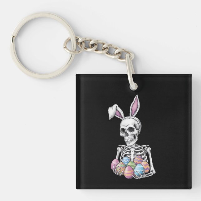 Skeleton Bunny Holding Easter Eggs Funny Rabbit Keychain (Front)