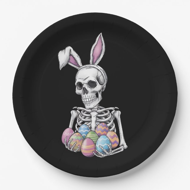 Skeleton Bunny Holding Easter Eggs Funny Rabbit Paper Plates (Front)