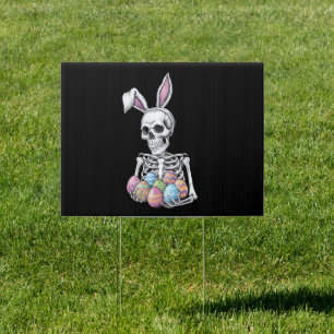 Skeleton Bunny Holding Easter Eggs Funny Rabbit Sign