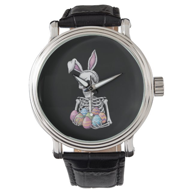 Skeleton Bunny Holding Easter Eggs Funny Rabbit Watch (Front)